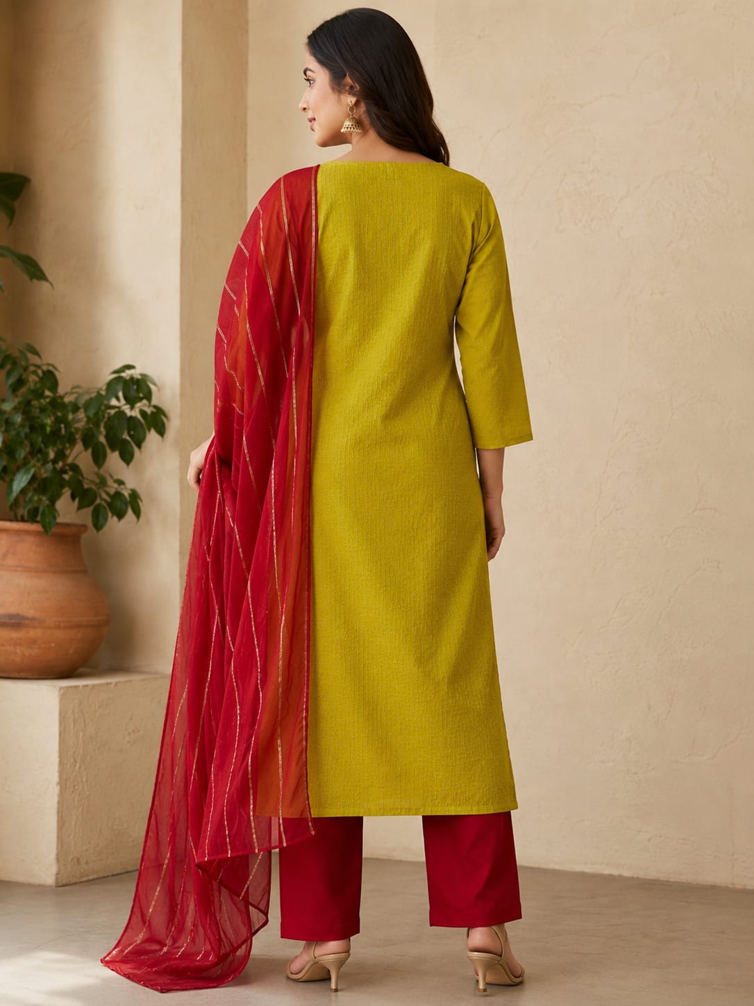 Women's Mustard Green Embroidered Cotton Blend Kurta with Maroon Pant & Zari Striped Dupatta Set (Pack of 3)