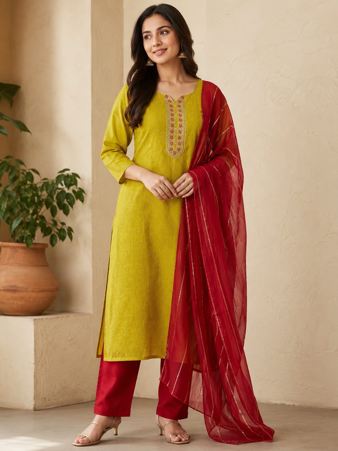 Women's Mustard Green Embroidered Cotton Blend Kurta with Maroon Pant & Zari Striped Dupatta Set (Pack of 3)