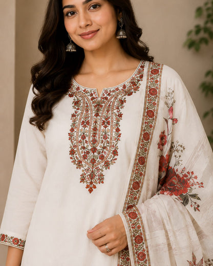 Women's Off-White Pure Soft Cotton Embroidered Kurta with Palazzo & Floral Printed Dupatta Set (3-Piece Set)
