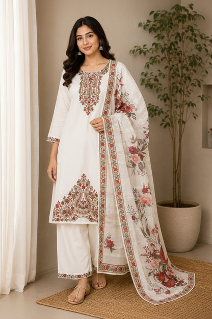 Women's Off-White Pure Soft Cotton Embroidered Kurta with Palazzo & Floral Printed Dupatta Set (3-Piece Set)