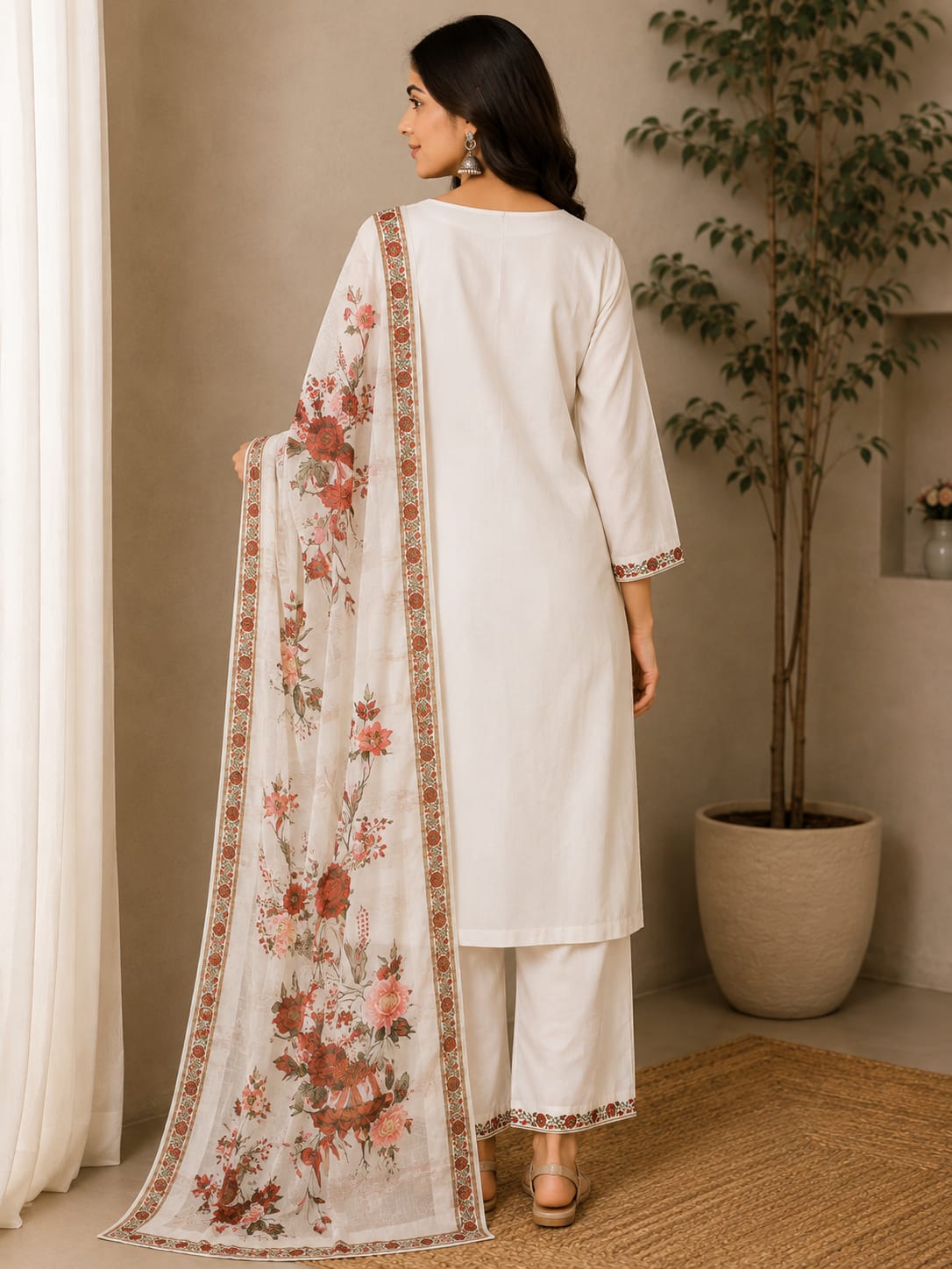 Women's Off-White Pure Soft Cotton Embroidered Kurta with Palazzo & Floral Printed Dupatta Set (3-Piece Set)