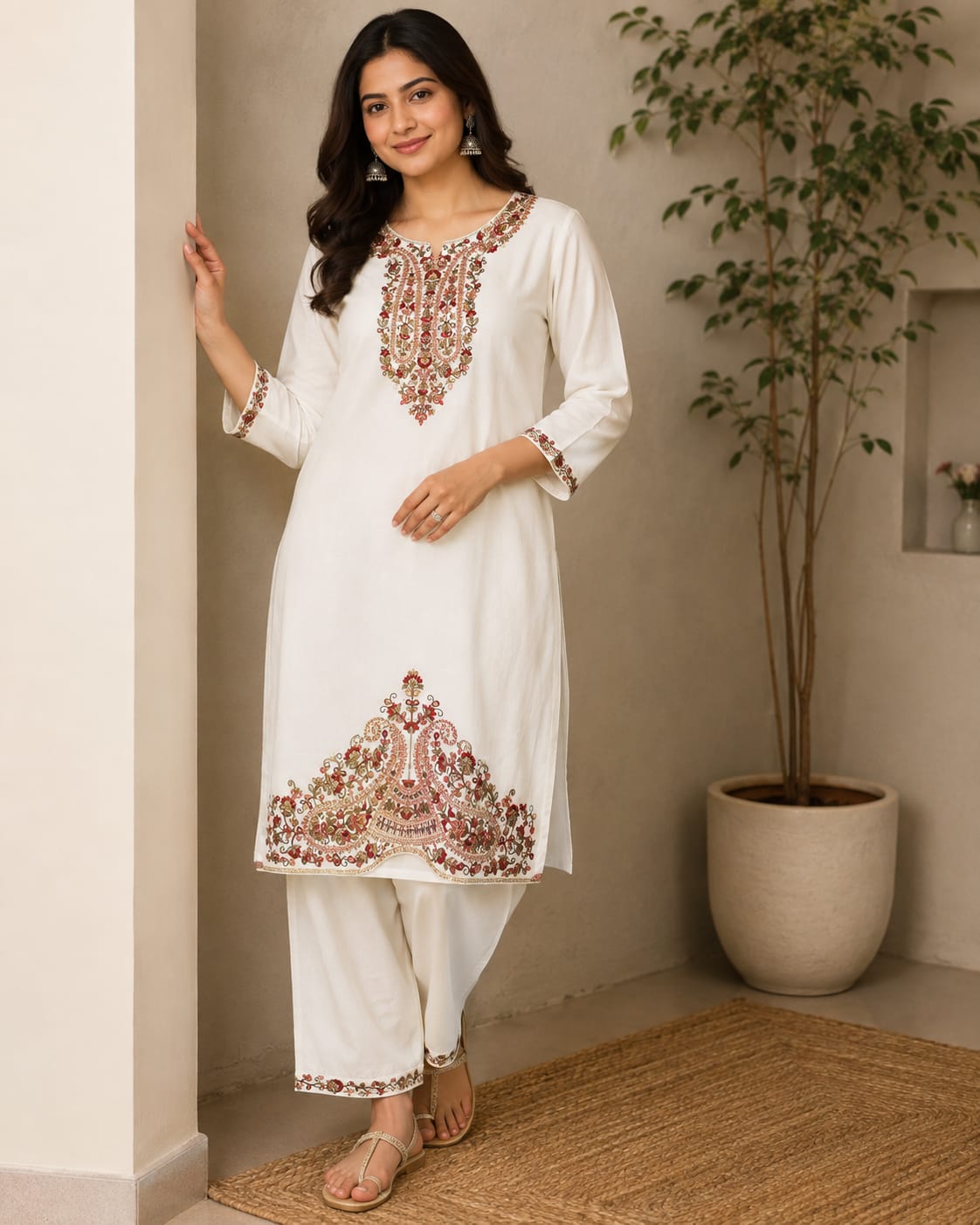 Women's Off-White Pure Soft Cotton Embroidered Kurta with Palazzo & Floral Printed Dupatta Set (3-Piece Set)
