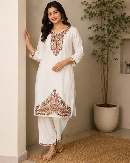 Women's Off-White Pure Soft Cotton Embroidered Kurta with Palazzo & Floral Printed Dupatta Set (3-Piece Set)