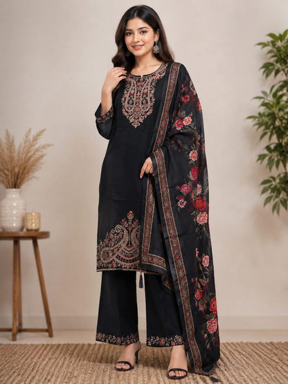 Women's Elegant Black Embroidered Soft Cotton Kurta with Palazzo & Floral Printed Dupatta Set (3-Piece Set)