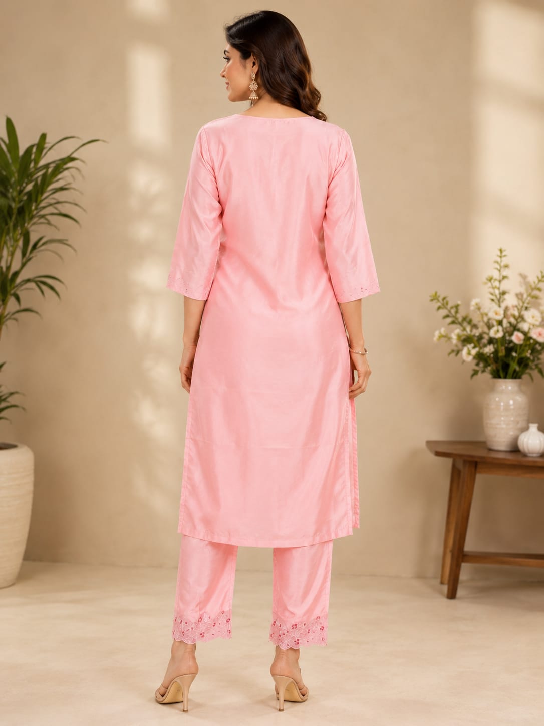 Women's Elegant Baby Pink Embroidered Poly Cotton Kurta Set with Pant and Sheer Striped Dupatta (Set of 3)