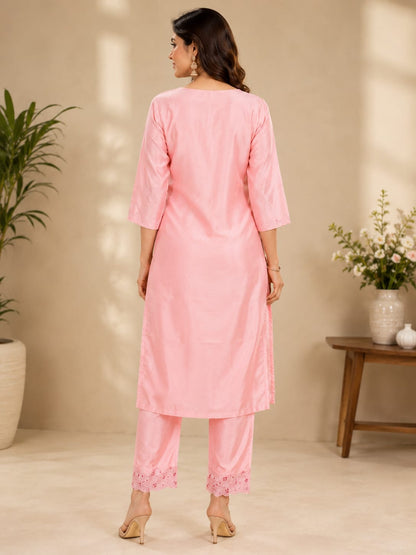 Women's Elegant Baby Pink Embroidered Poly Cotton Kurta Set with Pant and Sheer Striped Dupatta (Set of 3)