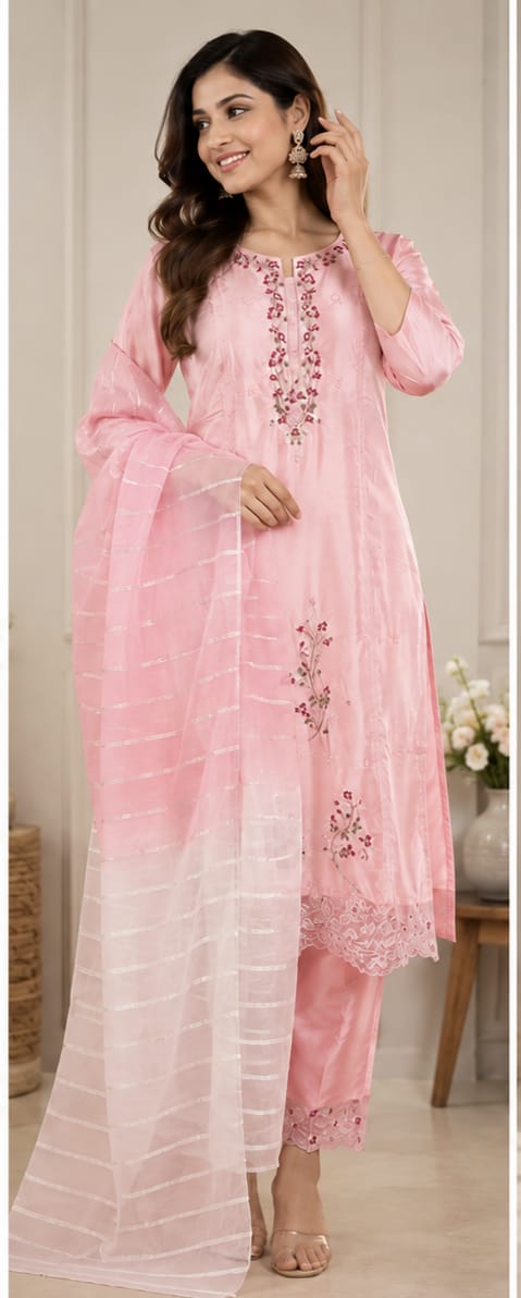 Women's Elegant Baby Pink Embroidered Poly Cotton Kurta Set with Pant and Sheer Striped Dupatta (Set of 3)
