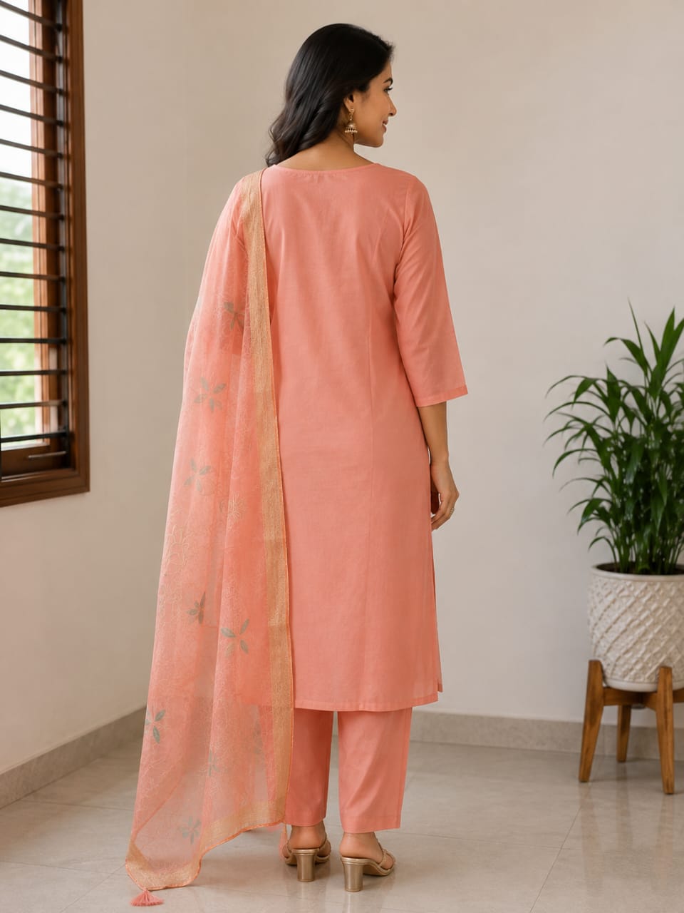 Women's Peach Floral Embroidered Pure Cotton Kurta with Pant & Organza Dupatta Set (3-Piece Ethnic Suit Set)