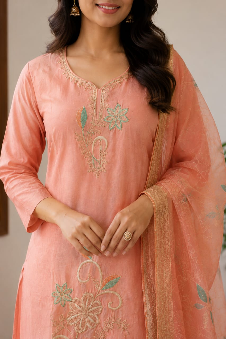 Women's Peach Floral Embroidered Pure Cotton Kurta with Pant & Organza Dupatta Set (3-Piece Ethnic Suit Set)