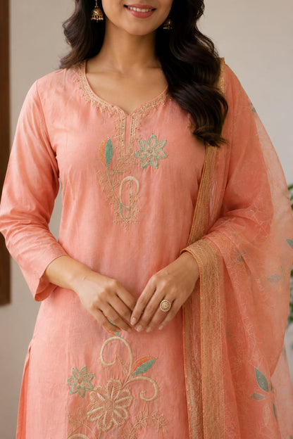 Women's Peach Floral Embroidered Pure Cotton Kurta with Pant & Organza Dupatta Set (3-Piece Ethnic Suit Set)