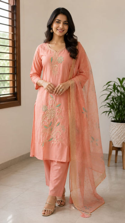 Women's Peach Floral Embroidered Pure Cotton Kurta with Pant & Organza Dupatta Set (3-Piece Ethnic Suit Set)