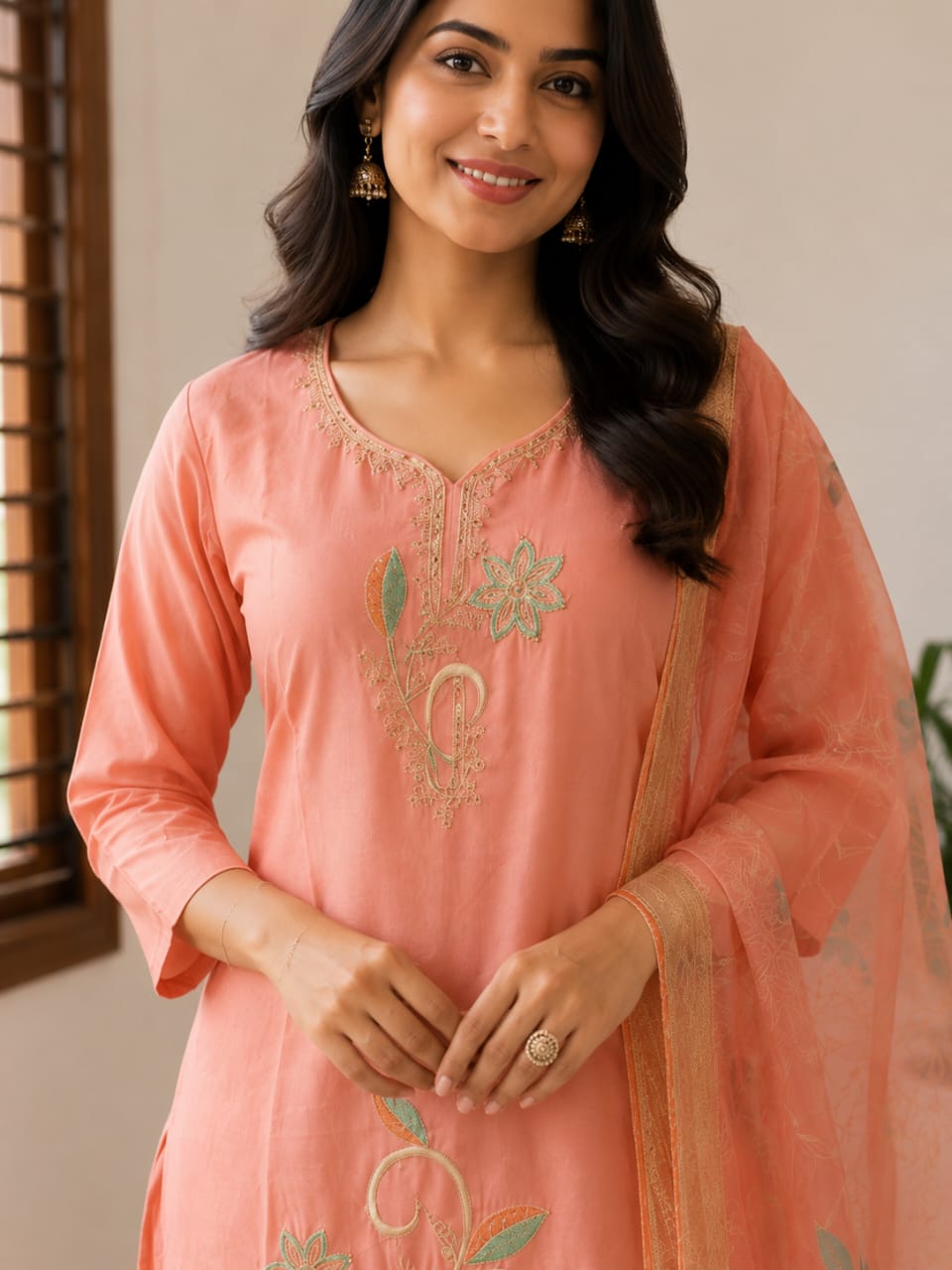 Women's Peach Floral Embroidered Pure Cotton Kurta with Pant & Organza Dupatta Set (3-Piece Ethnic Suit Set)