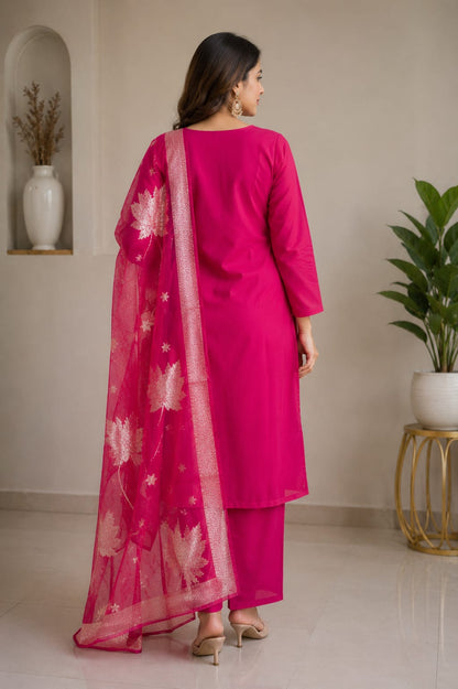 Women's Rani Pink Pure Cotton Embroidered Straight Kurta with Pant & Jacquard Dupatta Set (Pack of 3)