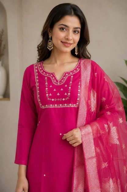 Women's Rani Pink Pure Cotton Embroidered Straight Kurta with Pant & Jacquard Dupatta Set (Pack of 3)