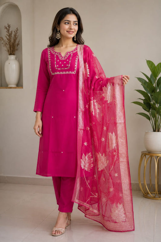 Women's Rani Pink Pure Cotton Embroidered Straight Kurta with Pant & Jacquard Dupatta Set (Pack of 3)