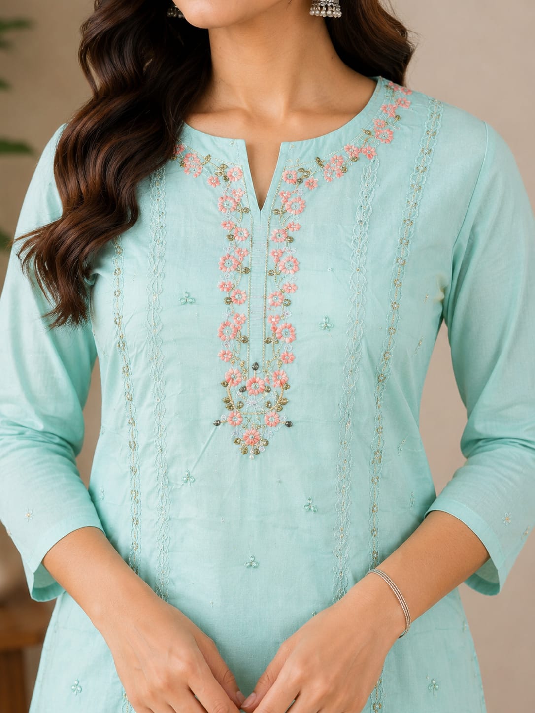 Women's Pastel Sky Blue Embroidered Poly-Cotton Kurta Pant Set with Dupatta (3-Piece Ethnic Suit)