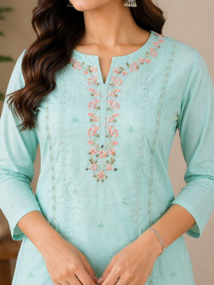 Women's Pastel Sky Blue Embroidered Poly-Cotton Kurta Pant Set with Dupatta (3-Piece Ethnic Suit)