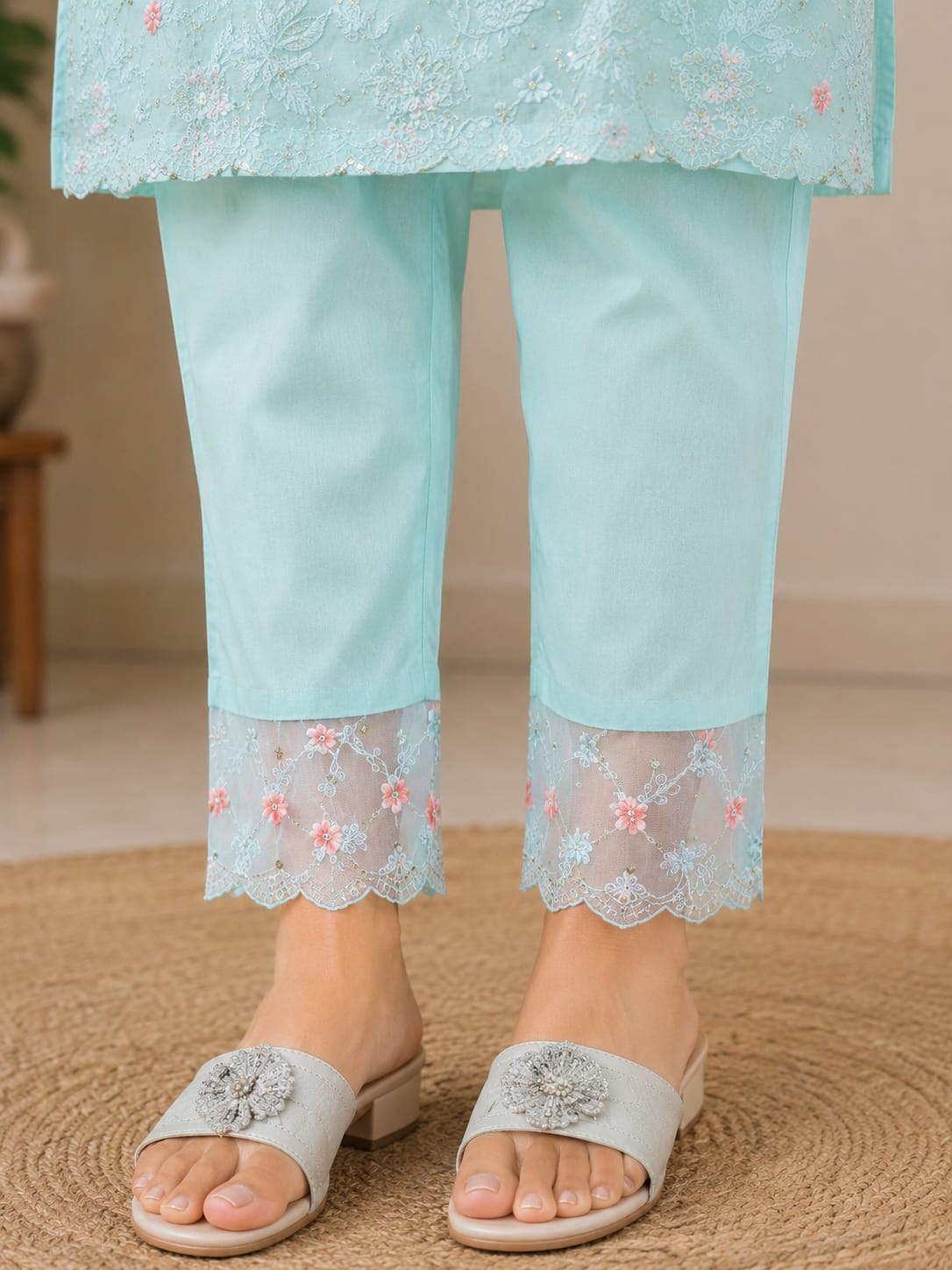 Women's Pastel Sky Blue Embroidered Poly-Cotton Kurta Pant Set with Dupatta (3-Piece Ethnic Suit)