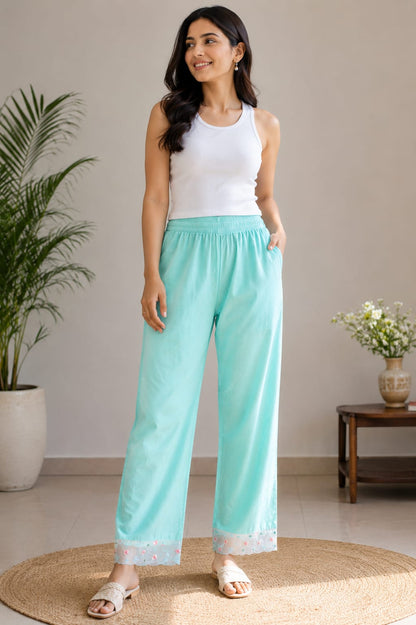 Women's Pastel Sky Blue Embroidered Poly-Cotton Kurta Pant Set with Dupatta (3-Piece Ethnic Suit)