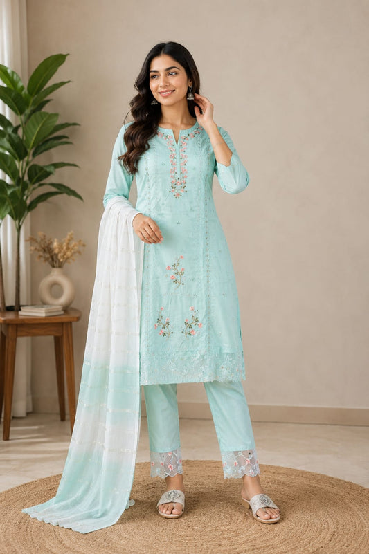 Women's Pastel Sky Blue Embroidered Poly-Cotton Kurta Pant Set with Dupatta (3-Piece Ethnic Suit)