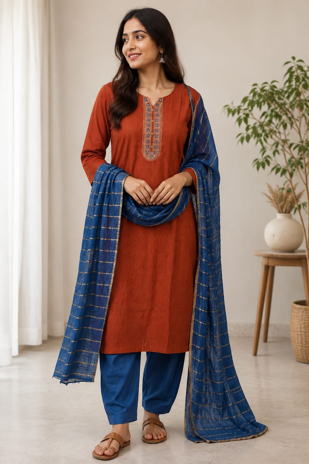Women’s Rust Orange Embroidered Cotton Kurta Set with Blue Pant & Zari Striped Dupatta (Set of 3)