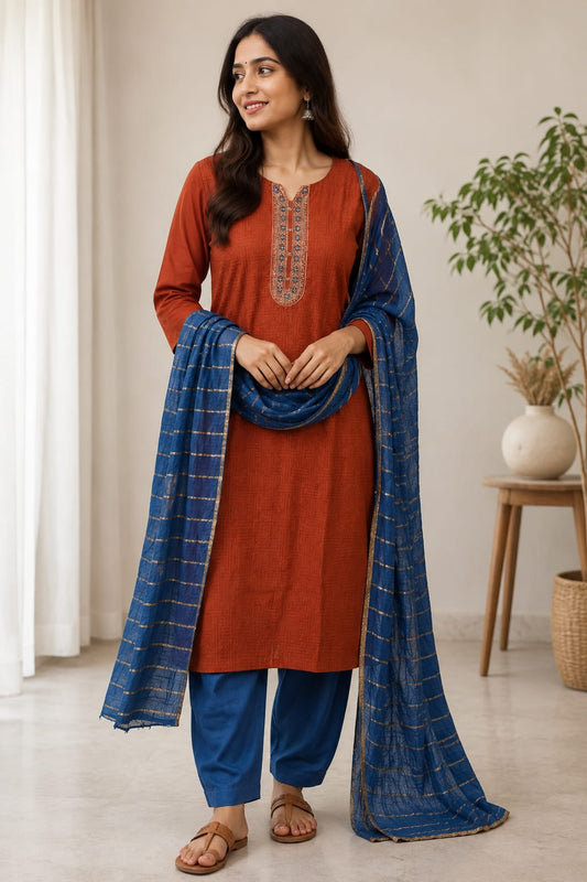 Women’s Rust Orange Embroidered Cotton Kurta Set with Blue Pant & Zari Striped Dupatta (Set of 3)