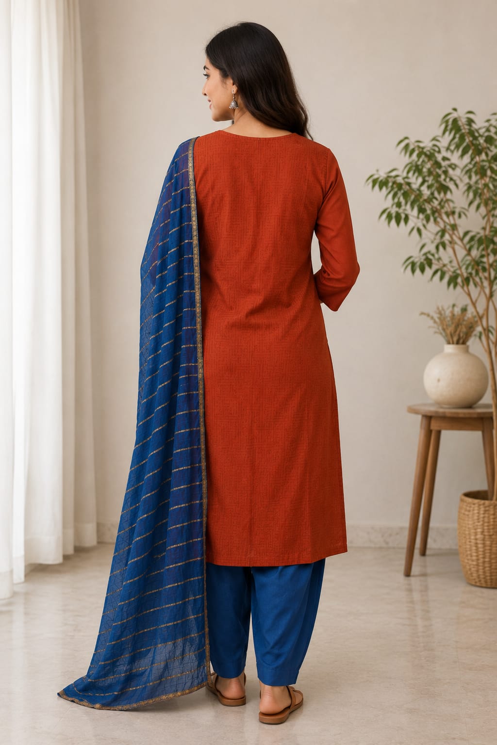 Women’s Rust Orange Embroidered Cotton Kurta Set with Blue Pant & Zari Striped Dupatta (Set of 3)