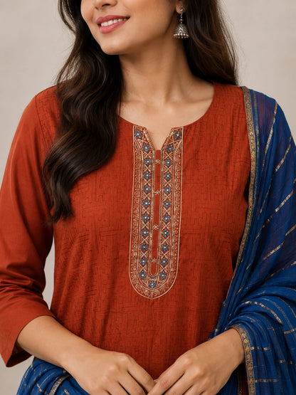 Women’s Rust Orange Embroidered Cotton Kurta Set with Blue Pant & Zari Striped Dupatta (Set of 3)