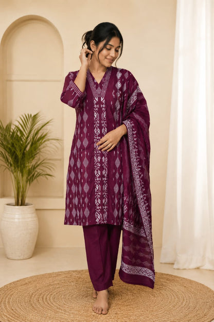 Women's Pure Cotton Ikat Printed Kurta with Pant & Dupatta Set | Wine Purple 3-Piece Ethnic Suit Set for Women