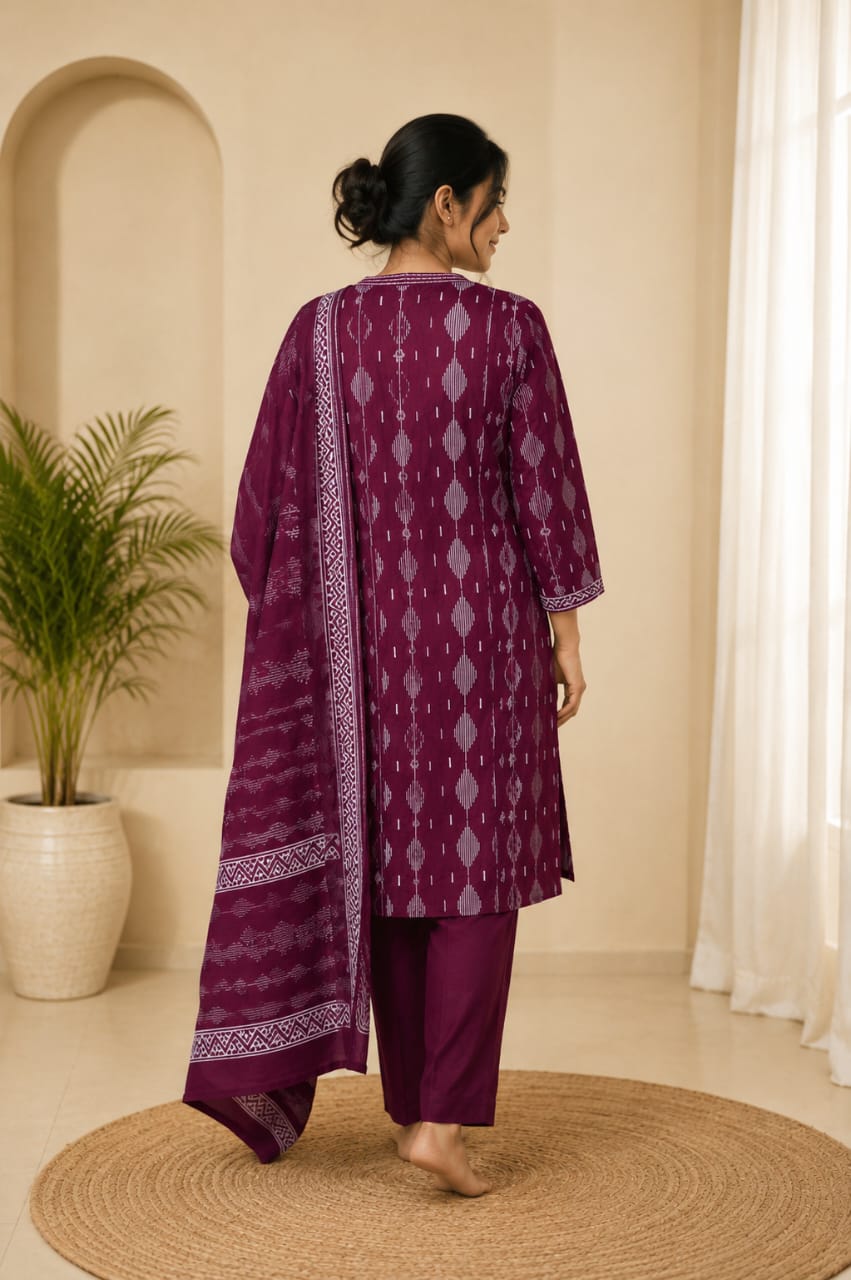 Women's Pure Cotton Ikat Printed Kurta with Pant & Dupatta Set | Wine Purple 3-Piece Ethnic Suit Set for Women