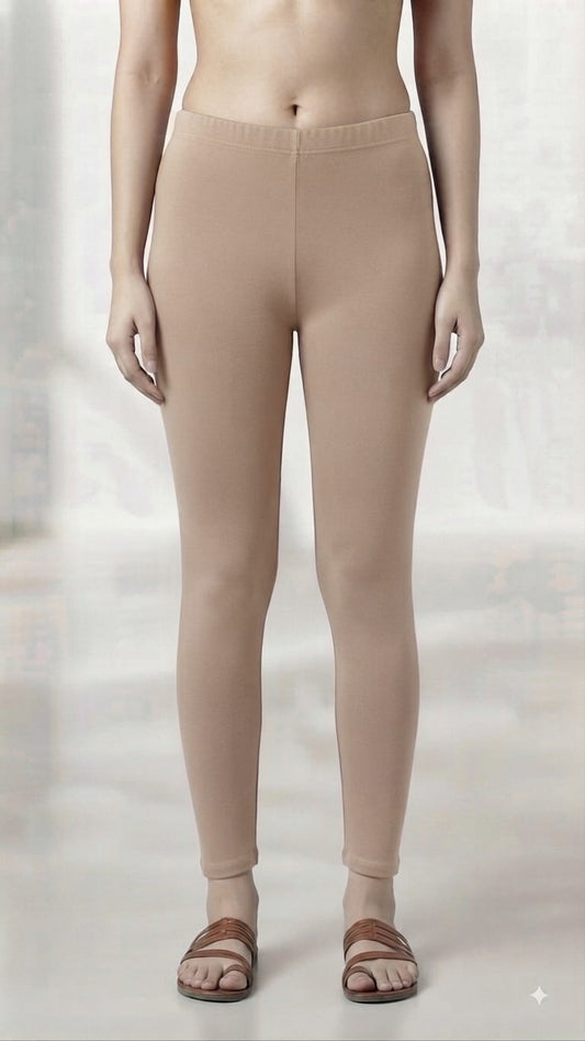 Women’s Premium 4-Way Stretch Cotton Lycra Ankle Length Leggings | Soft, Breathable & Skin-Friendly Solid Churidar/Leggings (Beige / Skin Color)