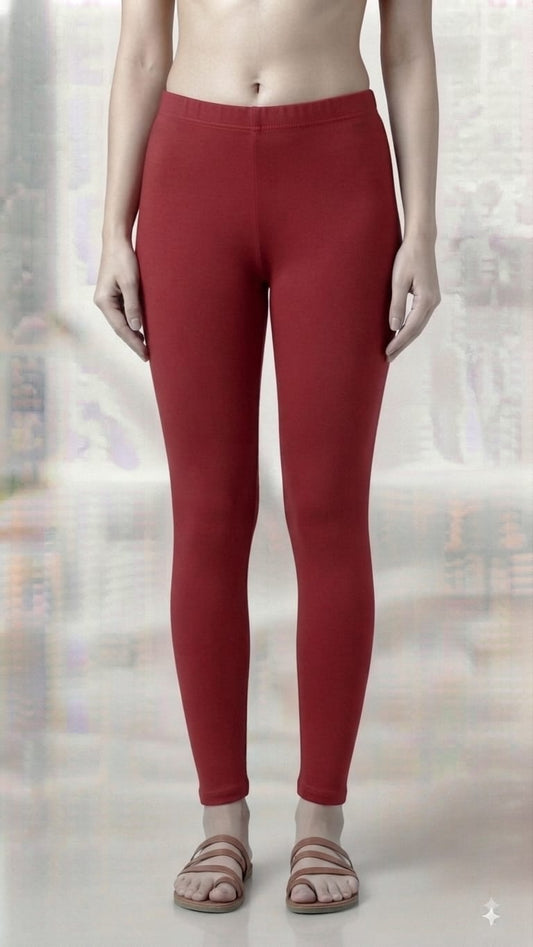 Women’s Premium Cotton Lycra Stretchable Ankle-Length Leggings | High-Waist Slim Fit Regular & Daily Wear Leggings (Maroon / Red)