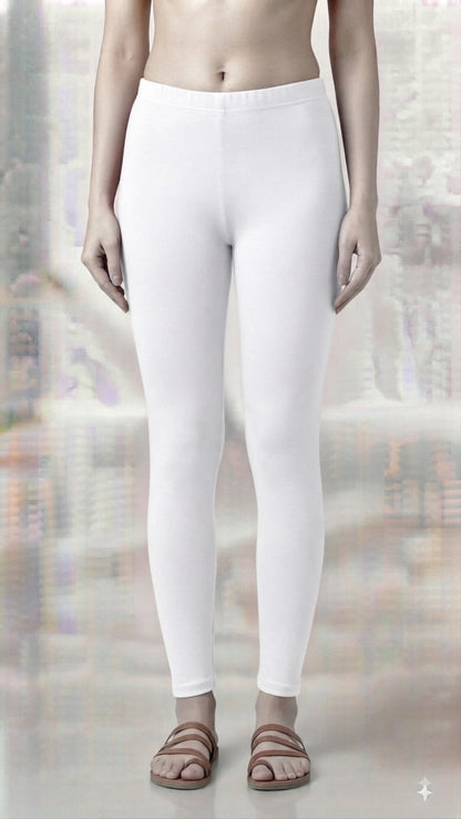 Women's Premium Cotton Lycra Stretchable Ankle Length Leggings (White) | Ultra Soft & Breathable Slim Fit Leggings for Kurtis, Tops & Daily Wear