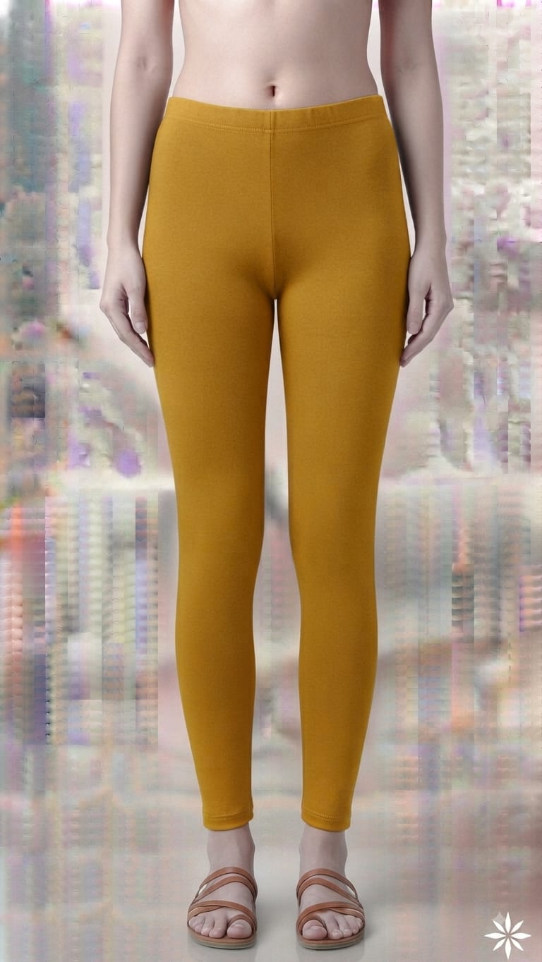 Women’s Mustard Yellow Cotton Lycra Ankle-Length Leggings | Premium 4-Way Stretch Elastic Waistband Leggings for Daily & Festive Wear
