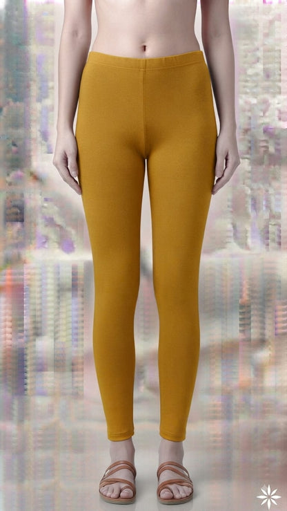 Women’s Mustard Yellow Cotton Lycra Ankle-Length Leggings | Premium 4-Way Stretch Elastic Waistband Leggings for Daily & Festive Wear