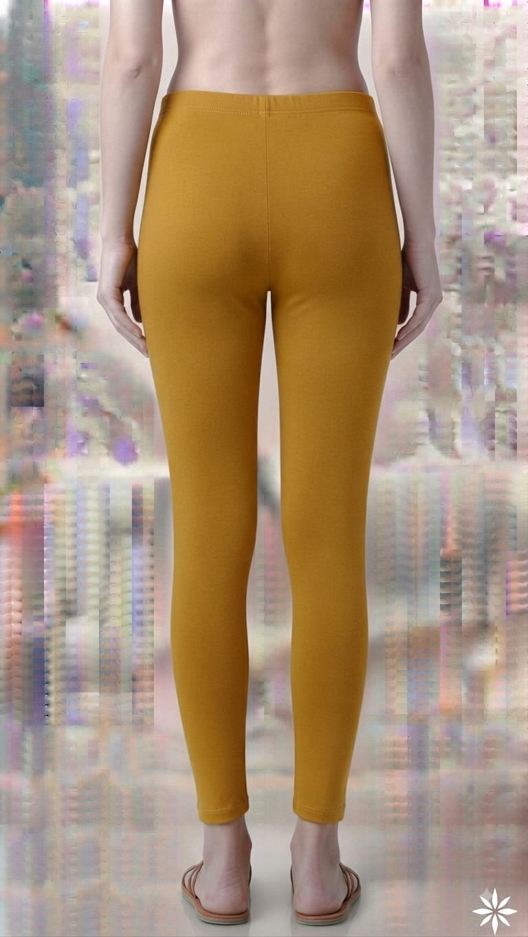 Women’s Mustard Yellow Cotton Lycra Ankle-Length Leggings | Premium 4-Way Stretch Elastic Waistband Leggings for Daily & Festive Wear
