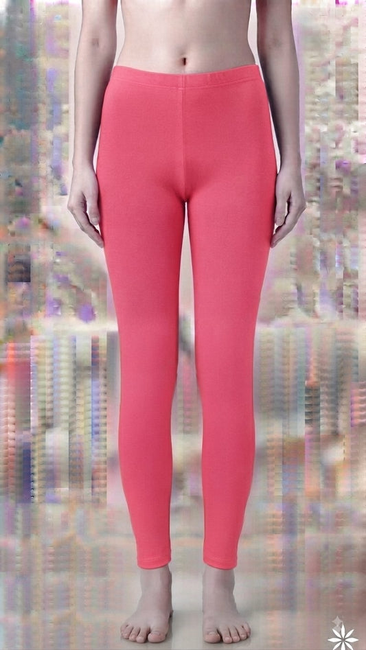 Women’s Premium Cotton Lycra 4-Way Stretch Ankle-Length Leggings | Soft Elastic Waistband & All-Day Comfort (Coral Pink)