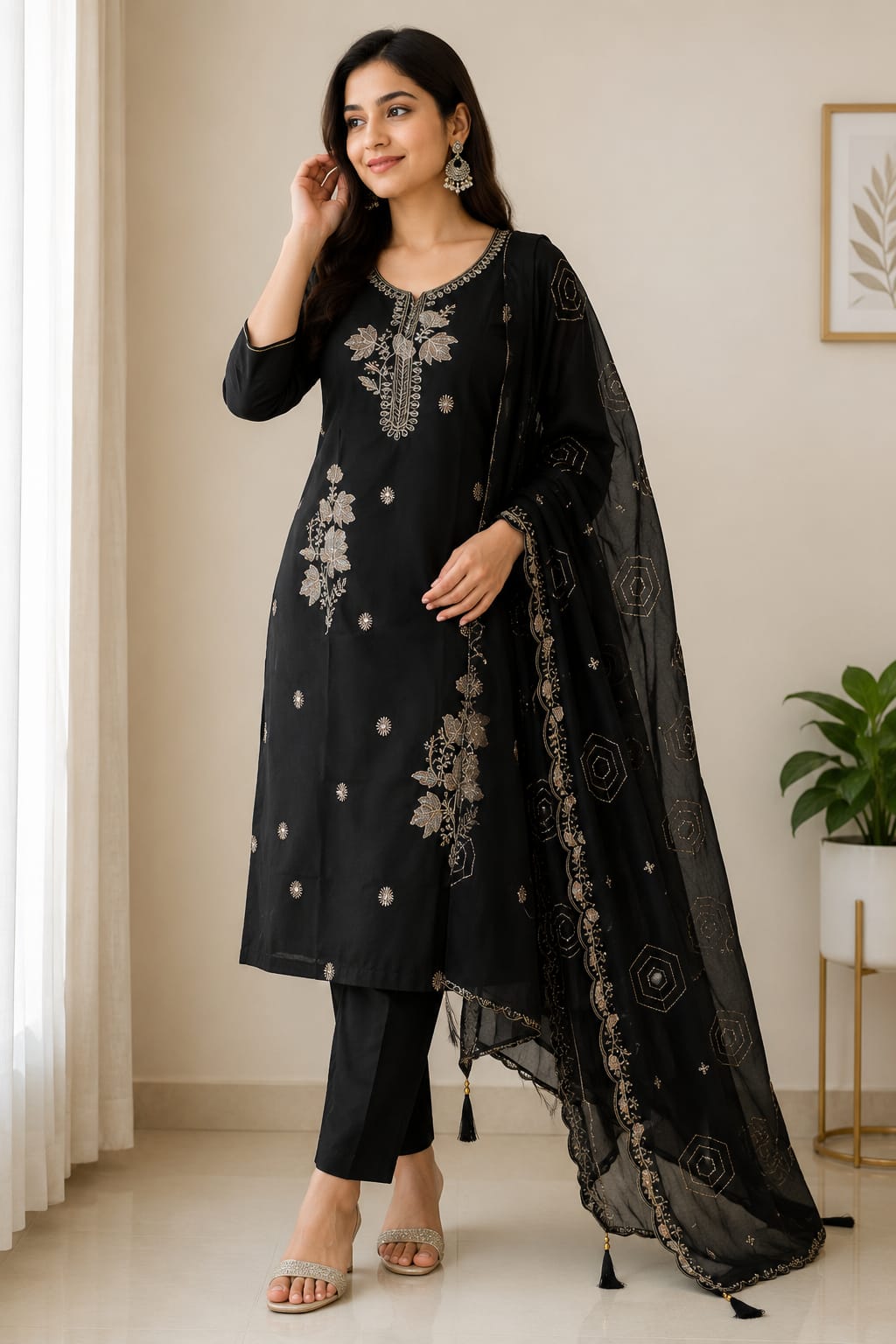 Women's Embroidered Cotton Straight Kurta with Trousers & Sheer Embroidered Dupatta Set (Black, 3-Piece Set)