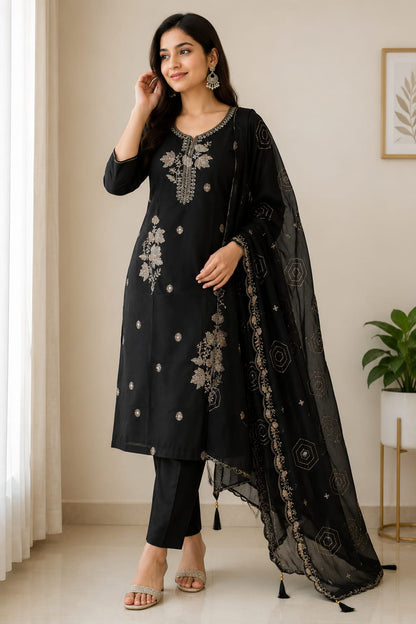 Women's Embroidered Cotton Straight Kurta with Trousers & Sheer Embroidered Dupatta Set (Black, 3-Piece Set)
