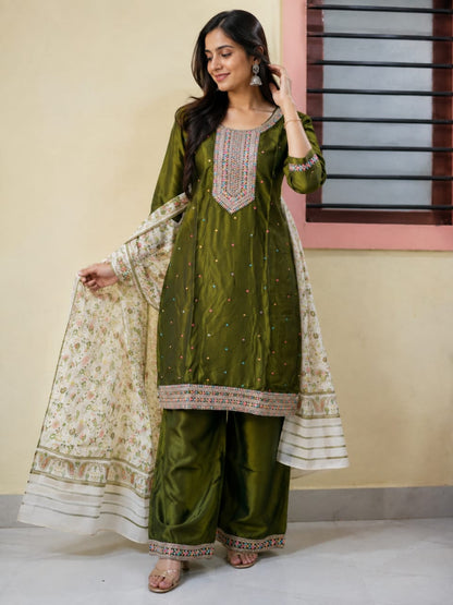 Women's Olive Green Poly Cotton Embroidered Straight Kurta with Palazzo & Floral Printed Dupatta Set (3-Piece Set)