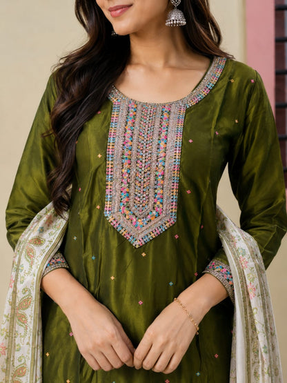 Women's Olive Green Poly Cotton Embroidered Straight Kurta with Palazzo & Floral Printed Dupatta Set (3-Piece Set)