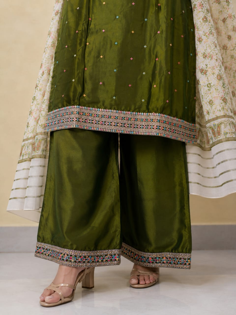 Women's Olive Green Poly Cotton Embroidered Straight Kurta with Palazzo & Floral Printed Dupatta Set (3-Piece Set)