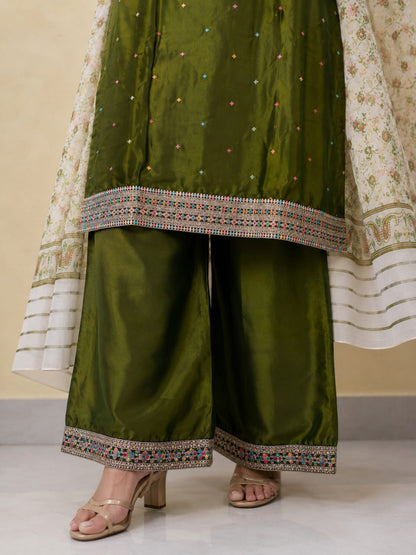 Women's Olive Green Poly Cotton Embroidered Straight Kurta with Palazzo & Floral Printed Dupatta Set (3-Piece Set)