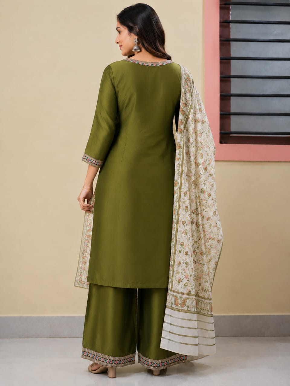 Women's Olive Green Poly Cotton Embroidered Straight Kurta with Palazzo & Floral Printed Dupatta Set (3-Piece Set)