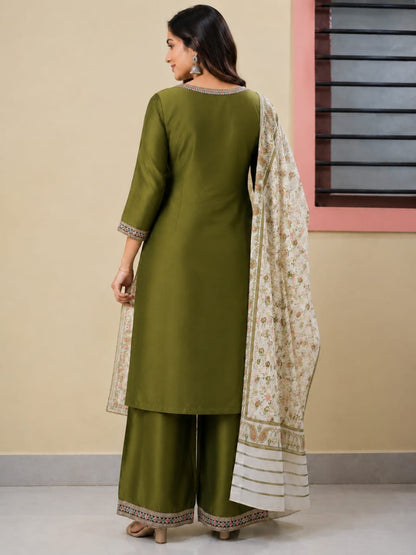 Women's Olive Green Poly Cotton Embroidered Straight Kurta with Palazzo & Floral Printed Dupatta Set (3-Piece Set)