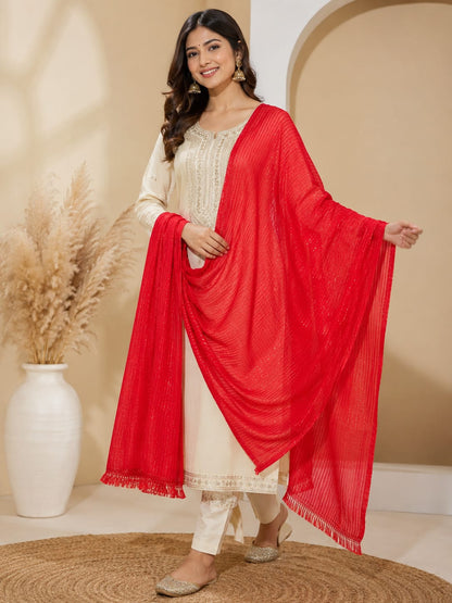 Vibrant Red Soft Cotton Shimmer Dupatta with Tassels – Elegant Ethnic Wear
