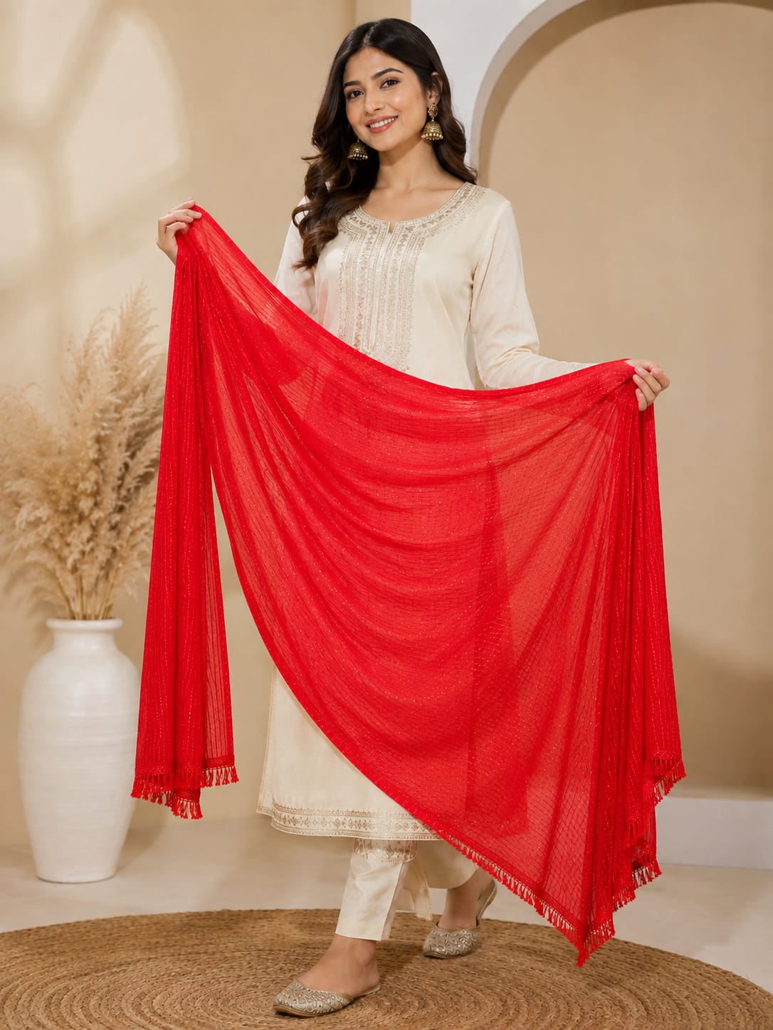 Vibrant Red Soft Cotton Shimmer Dupatta with Tassels – Elegant Ethnic Wear