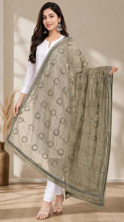 Elegant Sage Green Embroidered Soft Cotton Dupatta with Tassels - Perfect for Festive Wear