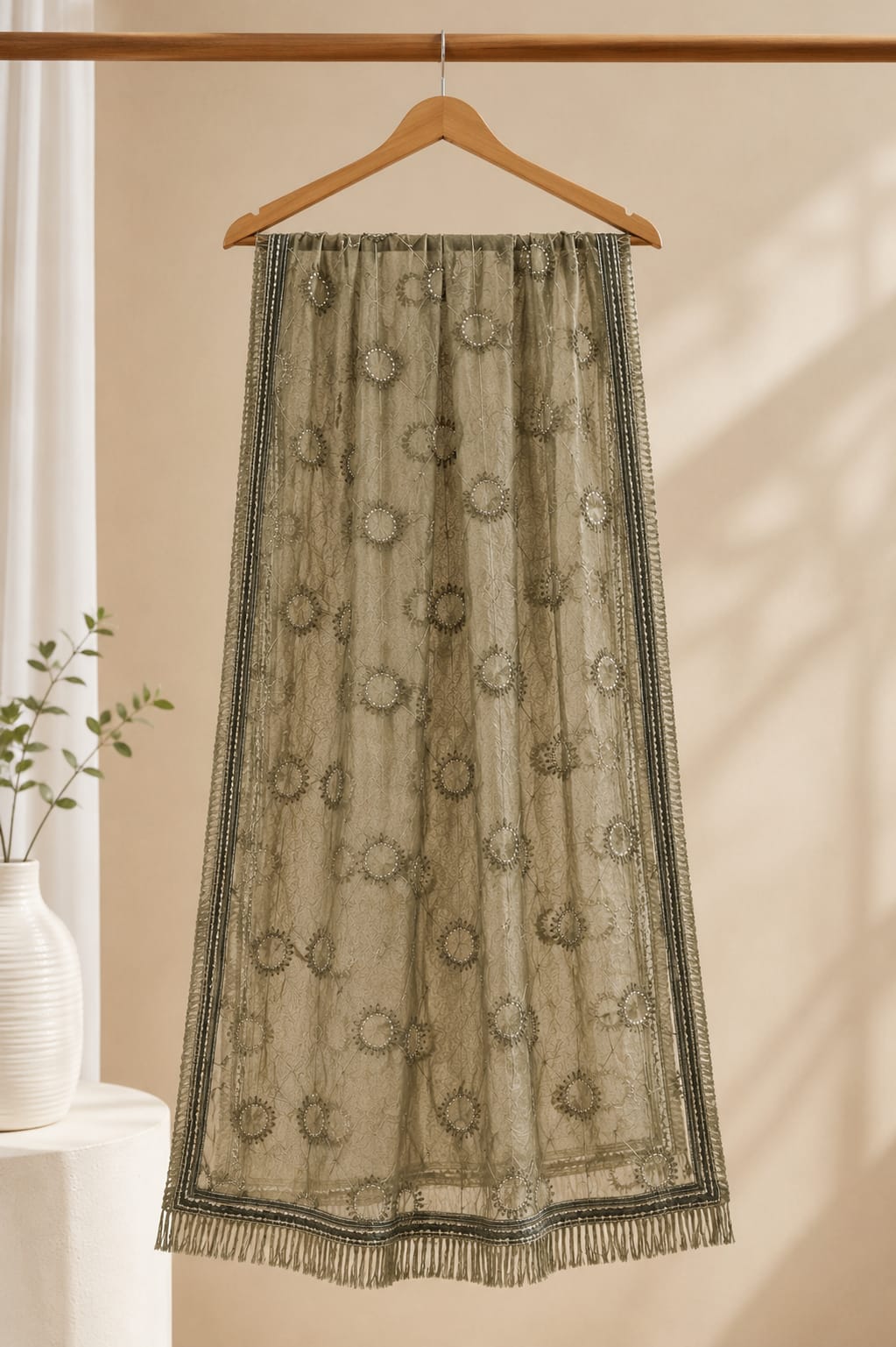 Elegant Sage Green Embroidered Soft Cotton Dupatta with Tassels - Perfect for Festive Wear