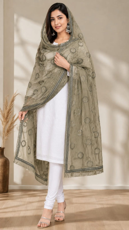 Elegant Sage Green Embroidered Soft Cotton Dupatta with Tassels - Perfect for Festive Wear